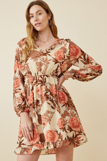 HY6588W Taupe Plus Romantic Floral Ruffle Detailed Long Sleeve Dress Front